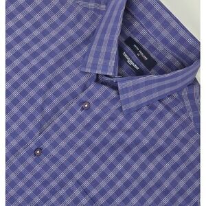 Peter England Shirt Mens 42 Large Purple Plaid Button Up Nuvo Fit Short Sleeve‎